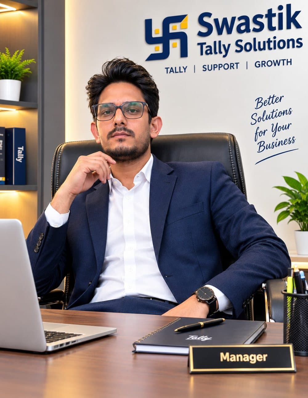 Anoop Pandey, Manager at Swastik Enterprises, seated at his desk